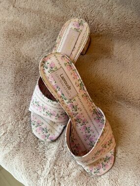 LoveShackFancy x Larroude Pink Floral Slip-On Block Heel Mules